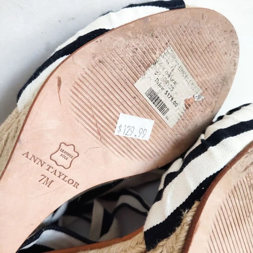 Ann Taylor Size 7 Sandals Espadrille Ankle Wrap Striped Black Wedge Leather Sole